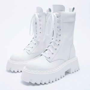 Zara White Lug Sole Lace-Up Leather Ankle Boots Size 6.5